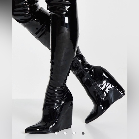 ASOS Krissy Black Patent Wedge OTK Thigh Boots New - Picture 4 of 8